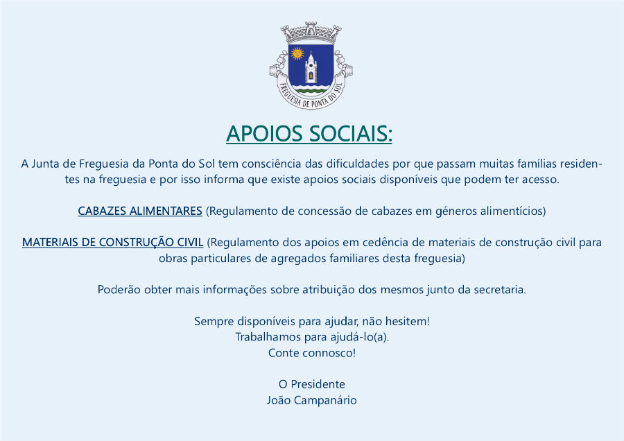 Informação sobre Apoios Sociais | Freguesia da Ponta do Sol